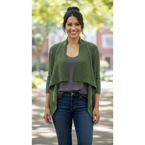 EILEEN FISHER 100% Merino Wool Ribbed Knit Open Front Cardigan in Forest Green